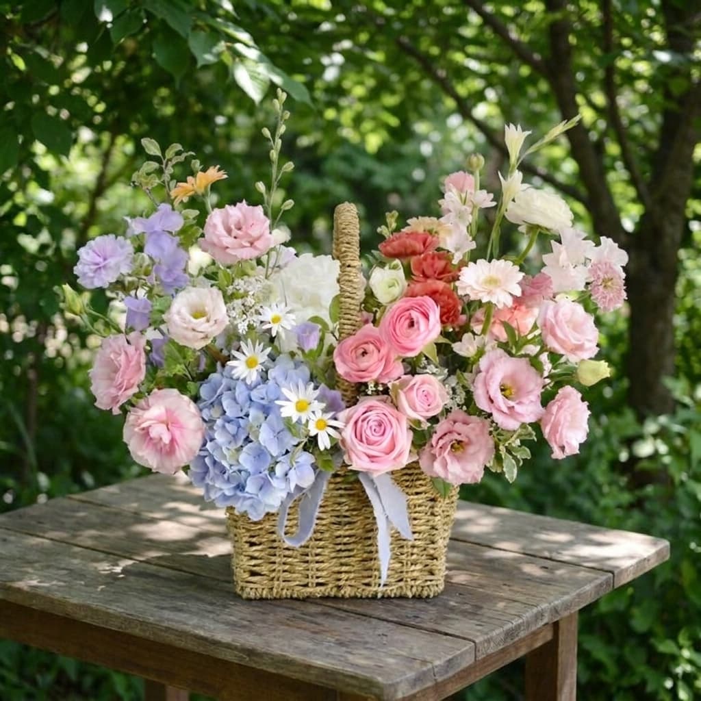 블루 수국 핑크 로즈 바구니